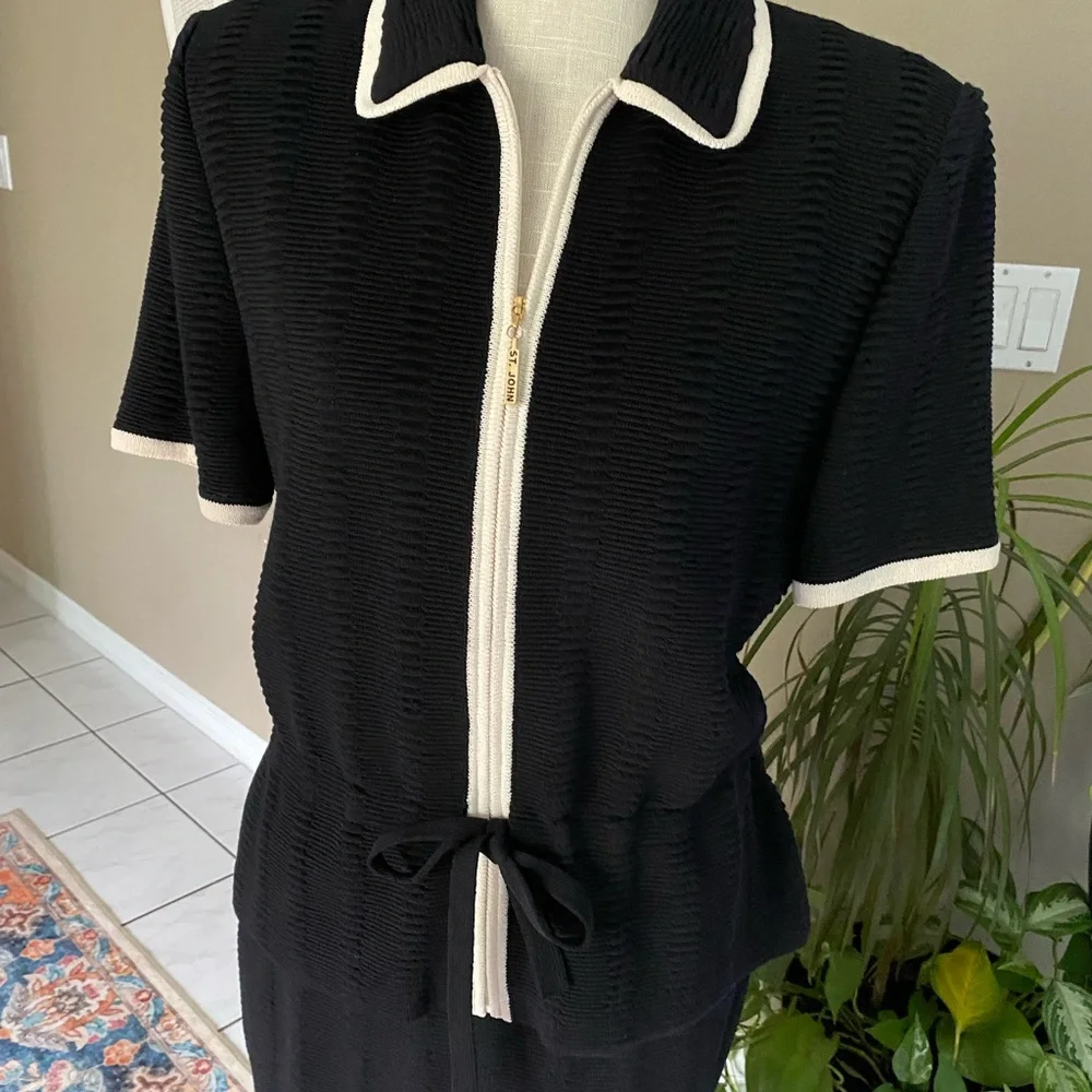 St. John 6/10 Skirt Suit Jacket Ribbed Knit Wool Tie Front Short Sleeve Zip